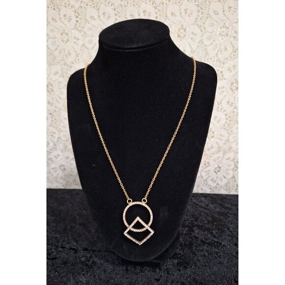 EUC J. Crew Gold Tone Pave' Crystal Circle & Square Pendant Necklace-Excellent C - Picture 1 of 5